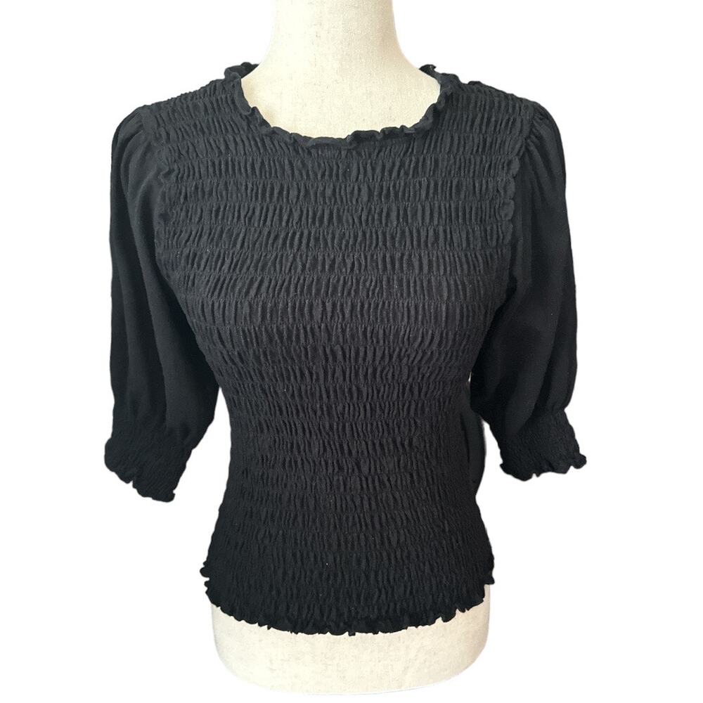 Nicole Miller Black Cotton Smocked Top Size M